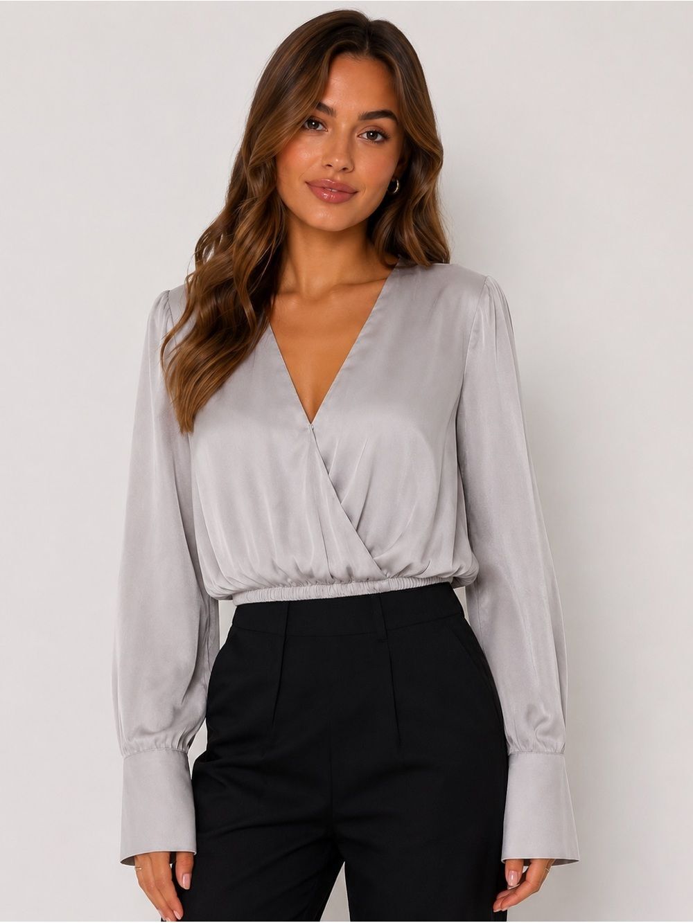 NA-KD Women’s Silver Satin Wrap Long Sleeve Crop Top Size 38 NWT Quiet Luxury